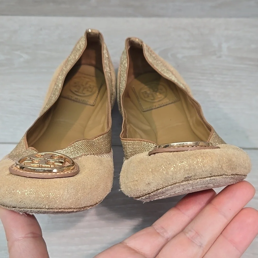 Tory Burch Glitter Suede Stretch Gold Ballet Flats Logo Shoes Sz 7M
